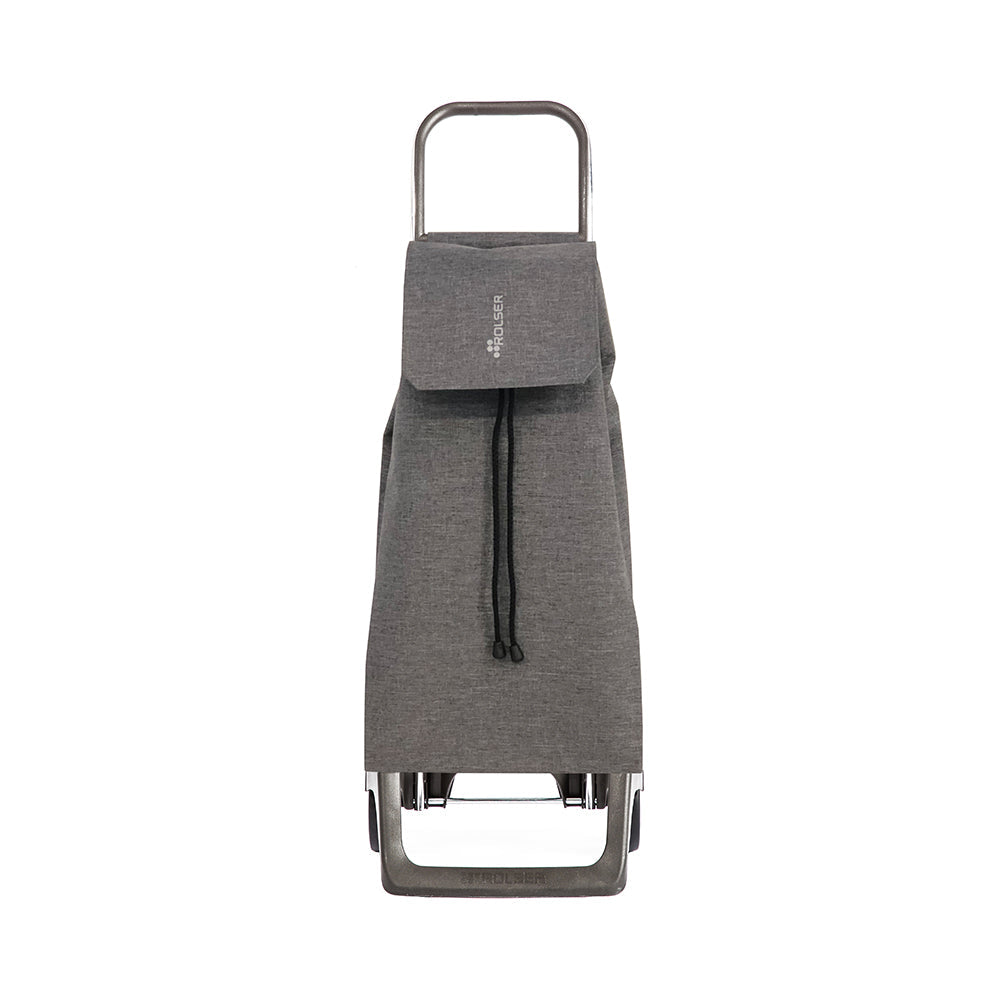 A grey Rolser Tweed shopping trolley with an aluminum frame and water resistant polyester bag, featuring two wheels, a foldable bottom base and front support, with drawstring closure and front flap.