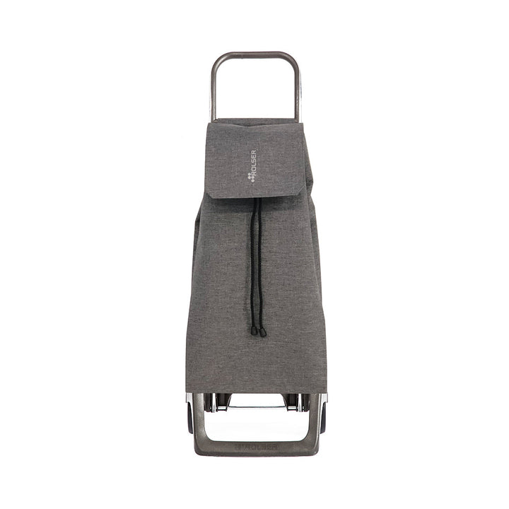 A grey Rolser Tweed shopping trolley with an aluminum frame and water resistant polyester bag, featuring two wheels, a foldable bottom base and front support, with drawstring closure and front flap.