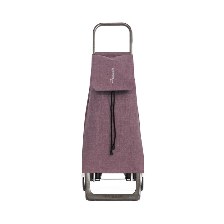 A purple Rolser Tweed shopping trolley with an aluminum frame and water resistant polyester bag, featuring two wheels, a foldable bottom base and front support, with drawstring closure and front flap.