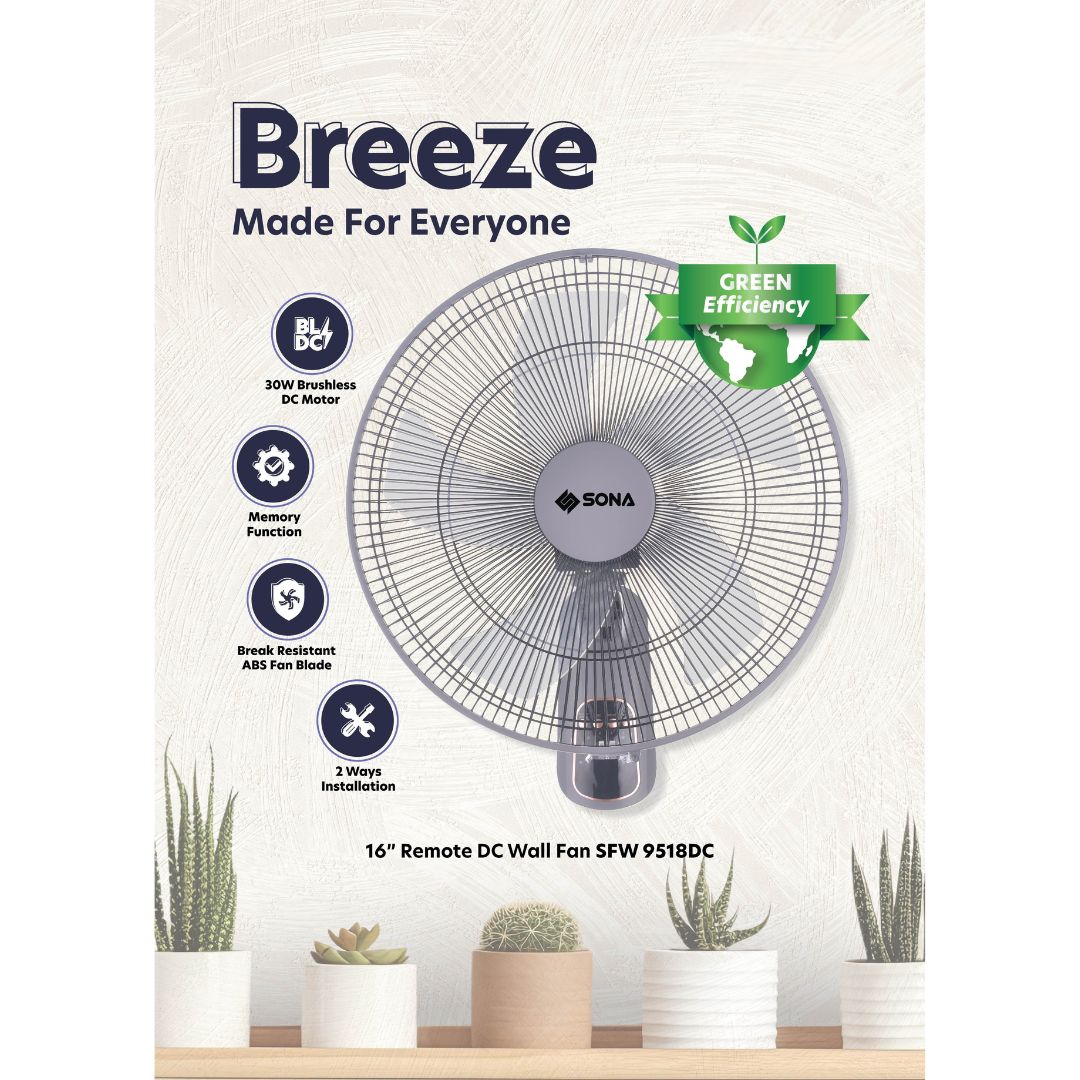 Sona 16” Remote Dc Wall Fan