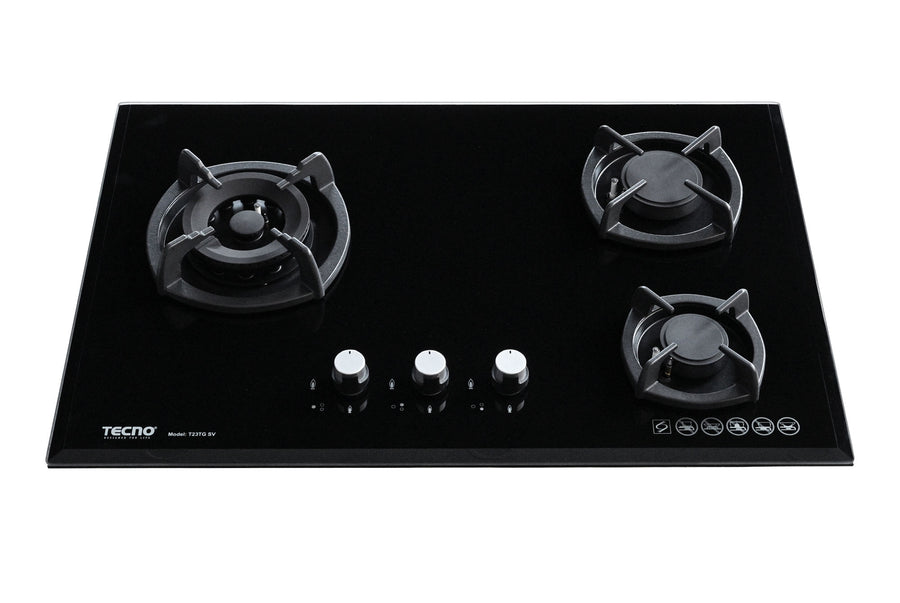 Toughened Glass Hob (SCHOTT) — Black — 75cm, V.V.S, INFERNO* (Big Burner); 3 Burners (1x Big, 1x Medium, 1x Small)