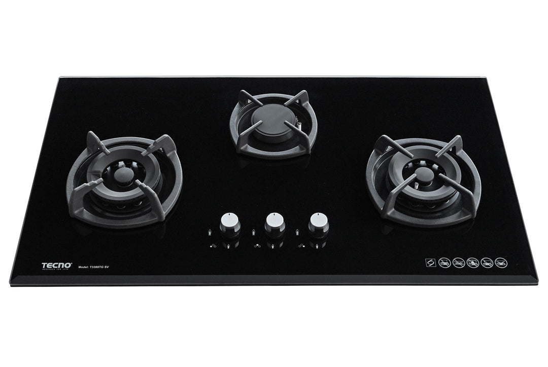 Toughened Glass Hob (SCHOTT) — Black — 88cm, V.V.S, INFERNO*; 3 Burner (2x Big, 1x Medium)