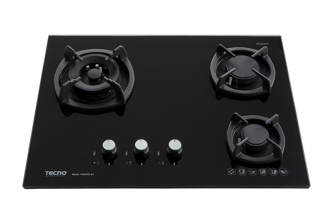 Toughened Glass Hob (SCHOTT) — Black — 65cm, V.V.S, INFERNO* (Big Burner); 3 Burner (1x Big, 1x Medium, 1x Small)