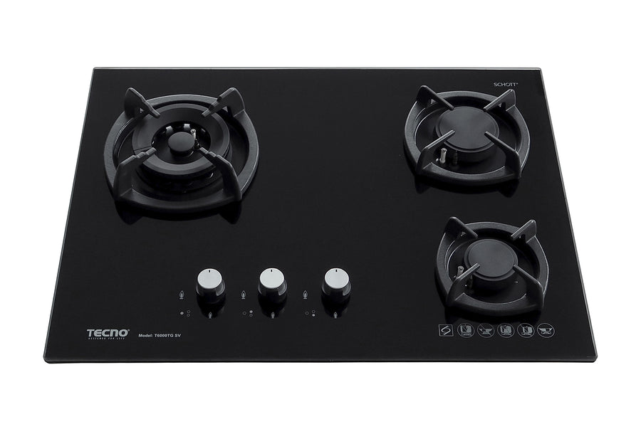 Toughened Glass Hob (SCHOTT) — Black — 65cm, V.V.S, INFERNO* (Big Burner); 3 Burner (1x Big, 1x Medium, 1x Small)