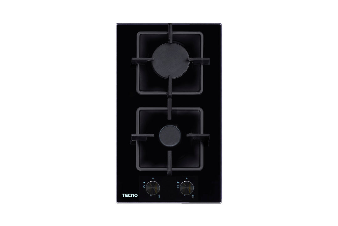 Domino Gas Hob — Black Tempered Glass — 30cm, 2 Burner (1x Big, 1x Small)