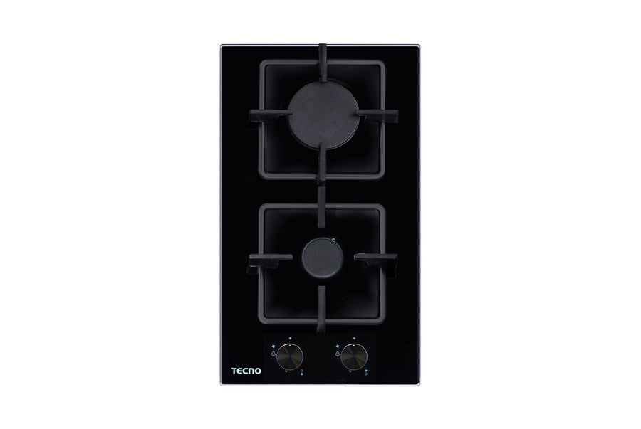 Domino Gas Hob — Black Tempered Glass — 30cm, 2 Burner (1x Big, 1x Small)