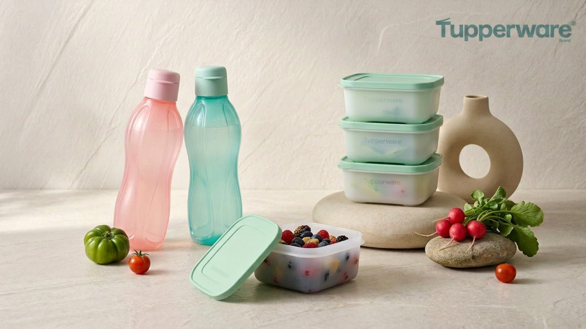 Tupperware containers and bottles on a light background with Tupperware logo.