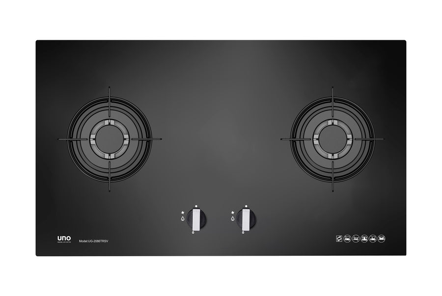 Toughened Glass Hob — Black — 86cm, 2 Burner; (2x Triple Ring)