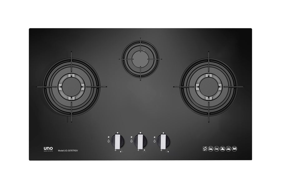 Toughened Glass Hob — Black — 76cm, 3 Burner; (2x Triple Ring, 1x Medium)
