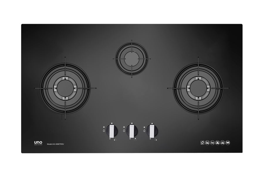 Toughened Glass Hob — Black — 86cm, 3 Burner; (2x Triple Ring, 1x Medium)