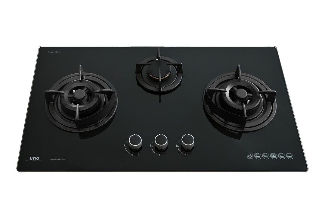 Toughened Glass Hob — Black — 86cm, 3 Burner, Glass; (2x Double Ring, 1 Small)