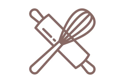 Icon of bakeware with a rolling pin and whisk crossed over each other on a white background