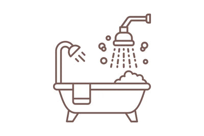 Icon of a bathtub with showerhead and soap bubbles on a white background