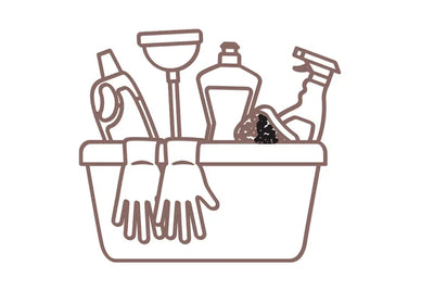 Icon of cleaning supplies including a broom, bottle, and gloves in a basket on a white background.