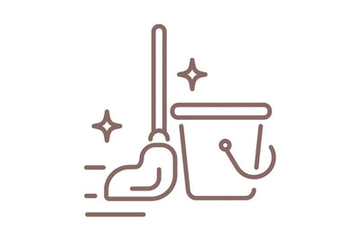 Icon of a broom and bucket with stars, symbolizing cleaning.