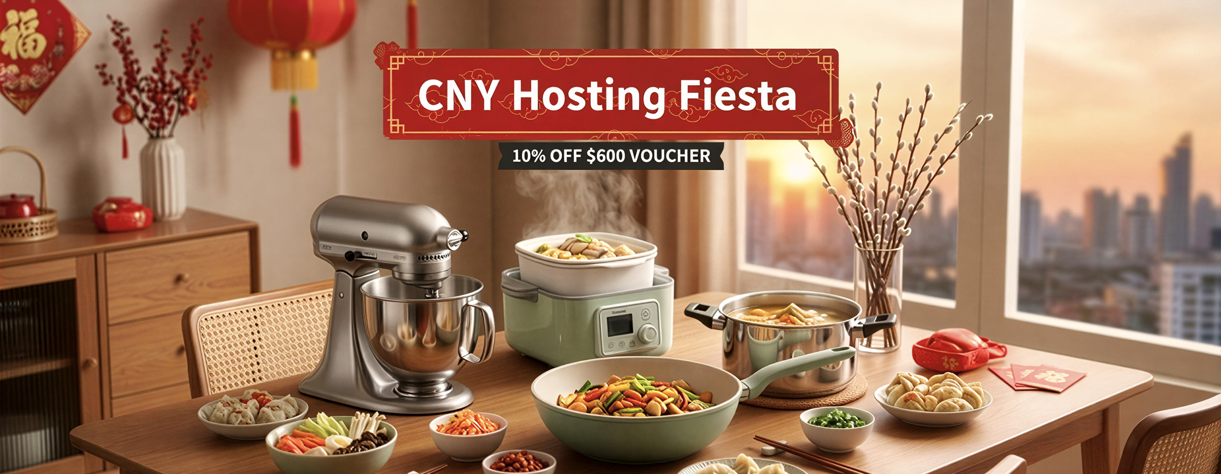 Dining table set with kitchen appliances and food, featuring a 'CNY Hosting Fiesta' promotion banner.