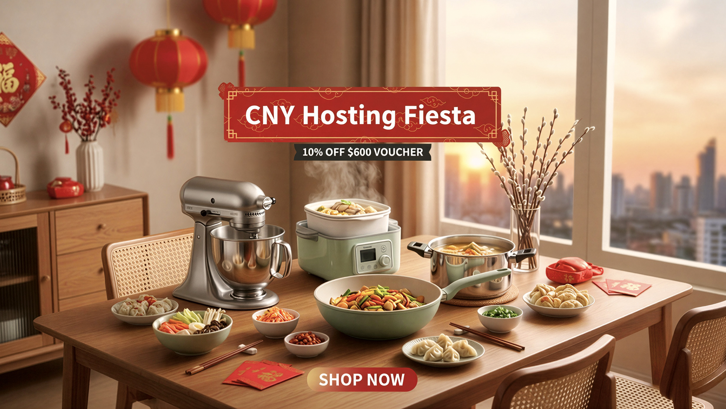 Dining table set for a meal with kitchen appliances and CNY decorations, featuring a voucher offer.