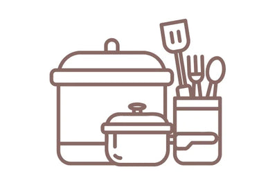 Icon of cookwares with kitchen pots and pans with utensils on a white background