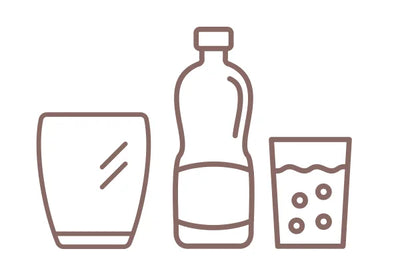 Icon of drinkware with a bottle and two glasses with a drink on a white background