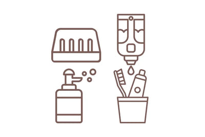 Icon of a set of toiletry accessories including a toothbrush, toothpaste, and hand wash on a white background.