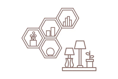 Icon of decorative wall shelves with hexagonal frames and table lamps on a white background