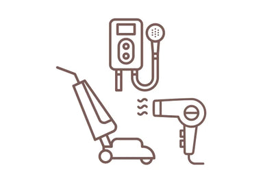 Icon of a vacuum cleaner, shower head, and hair dryer on a white background