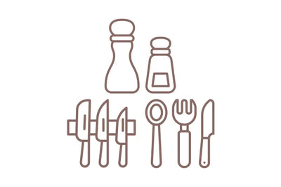 Icon of kitchen utensils including a knife, fork, spoon, and salt and pepper shakers on a white background.