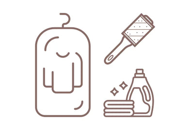 Icon of laundry supplies including a hanger, brush, folded towel, and bottle of detergent on a white background.