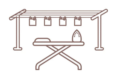 Icon of an ironing board with clothes on a rack above it.