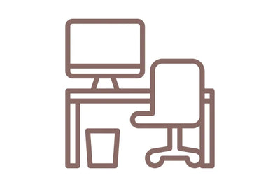 Icon of office furniture with a desk with a chair and computer monitor on a white background