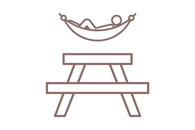Icon of a person in a hammock above a picnic table on a white background