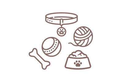 Icon of pet accessories including a collar, bones, balls, and a bowl on a white background.