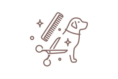 Icon of a dog undergoing grooming, with a comb, and scissors on a white background