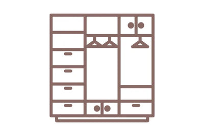Icon of a wardrobe with shelves and drawers on a white background