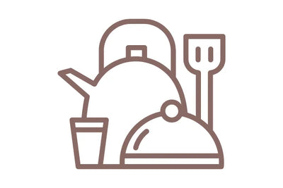 Icon of tableware and serveware with a teapot, pot, and spatula on a white background