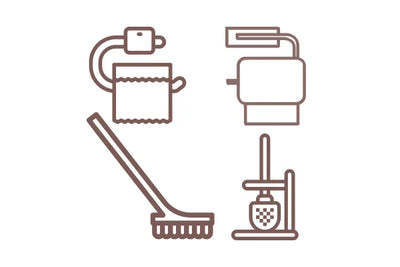 Icon of a set of cleaning tools including a brush, scrubber, and cleaning solution bottle on a white background