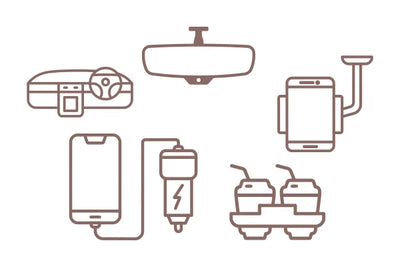 Icon with a line art style of a car mirror, phone holder, coffee cups holder, and more on a white background.