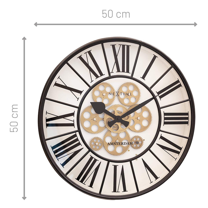 Jam Dinding NeXtime William Moving Gear 50cm (Hitam/Putih/Emas)