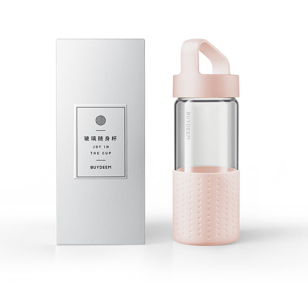 BUYDEEM Botol Kaca Mudah Alih 400ml, Merah Jambu 