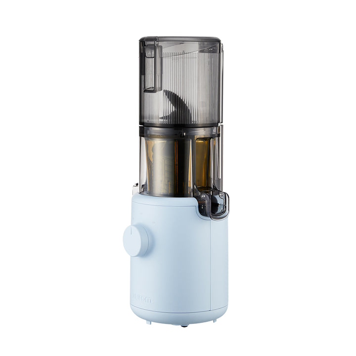A sky blue Hurom H-310A Slow Juicer against a white background, showing the juicer's chute and base with a power dial.
