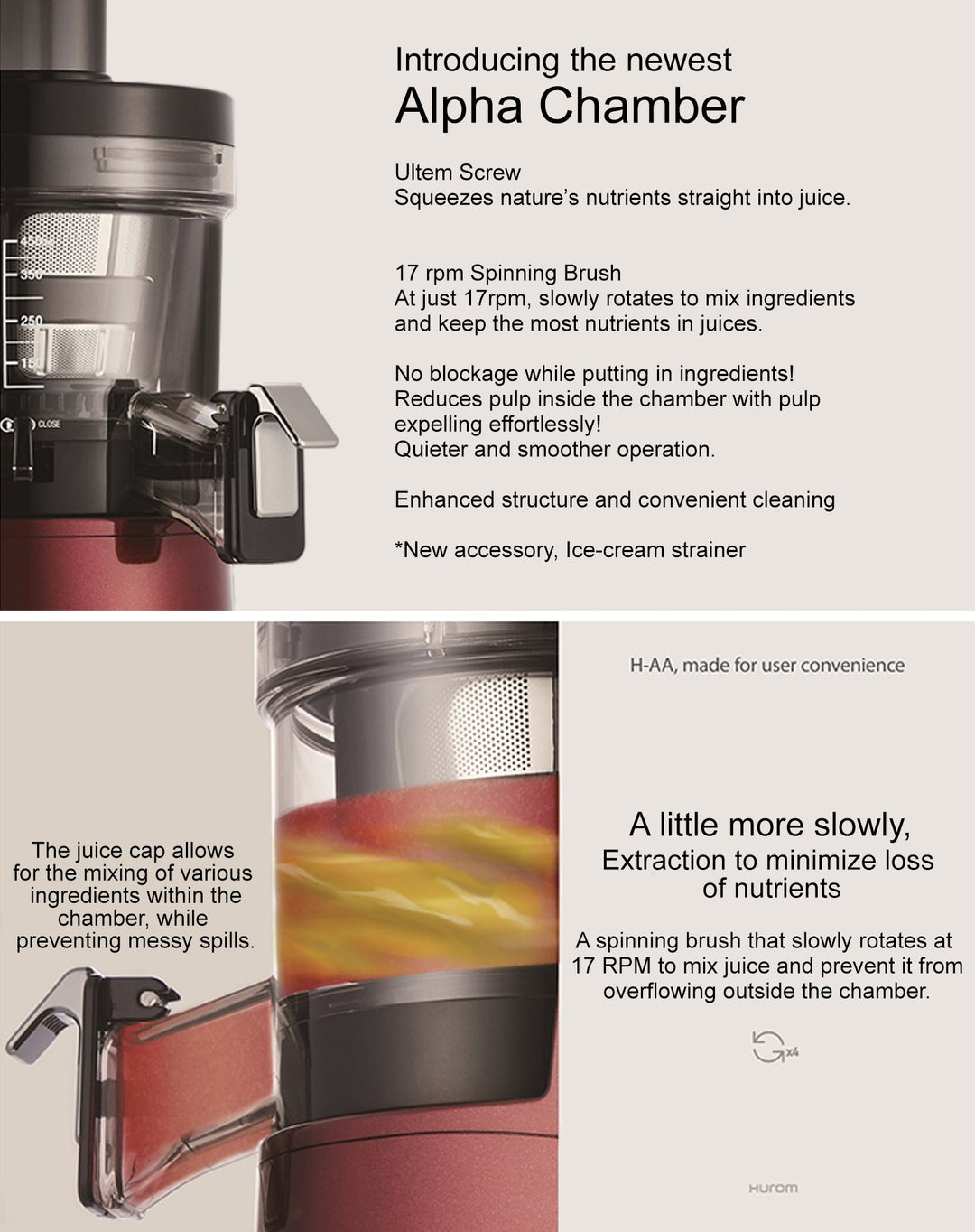 An infographic about a HA-2600 slow juicer being displayed with juice spinning and a closed juice cap, showcasing the slow speed of the juicing.