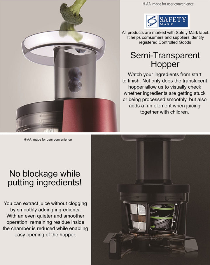 An infographic about a HA-2600 slow juicer, with a semi transparent hopper, a safety mark to show certification of electronics and a spliced view of the juicing component of the machine