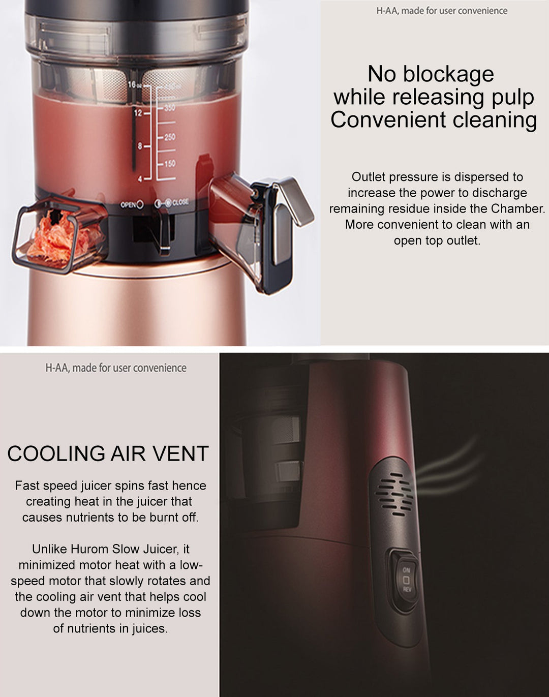 An infographic of a HA-2600 slow juicer showcasing the pulp outlet and the juice cap having no blockage and the cooling air vent at the back to reduce the temperature when juicing for minimal nutrients loss