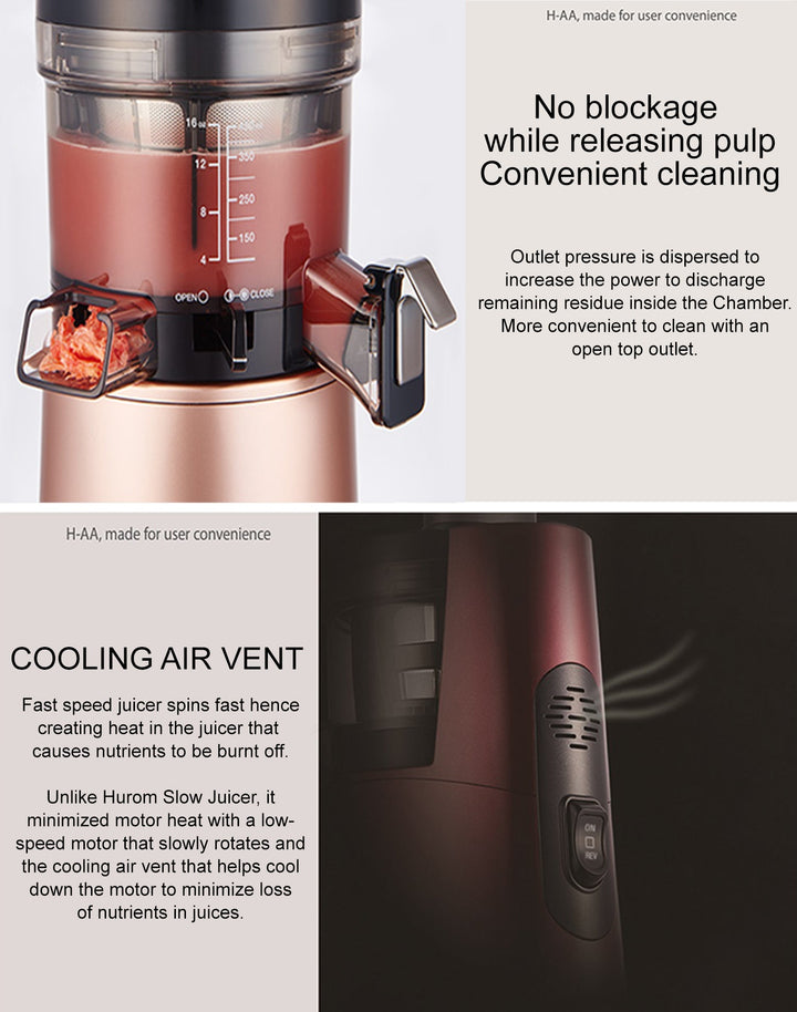 An infographic of a HA-2600 slow juicer showcasing the pulp outlet and the juice cap having no blockage and the cooling air vent at the back to reduce the temperature when juicing for minimal nutrients loss