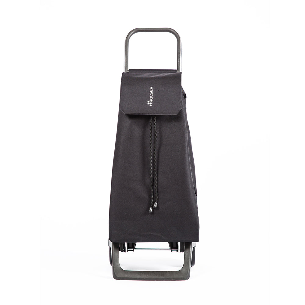 A black Rolser Baby Joy Market & Shopping Trolley with an aluminum frame and a water-resistant polyester bag.
