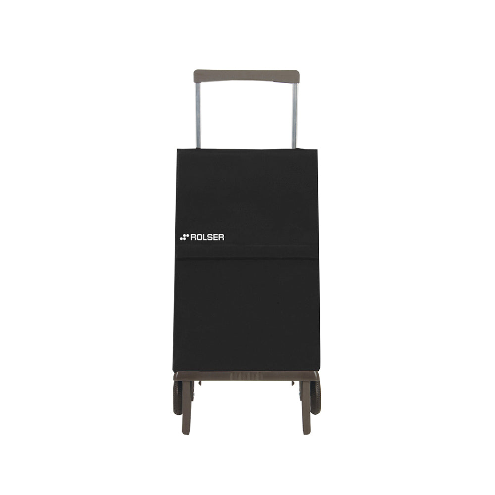 A black foldable Rolser Plegamatic shopping trolley with an aluminum frame and water resistant polyester bag, featuring two wheels and a pull handle.