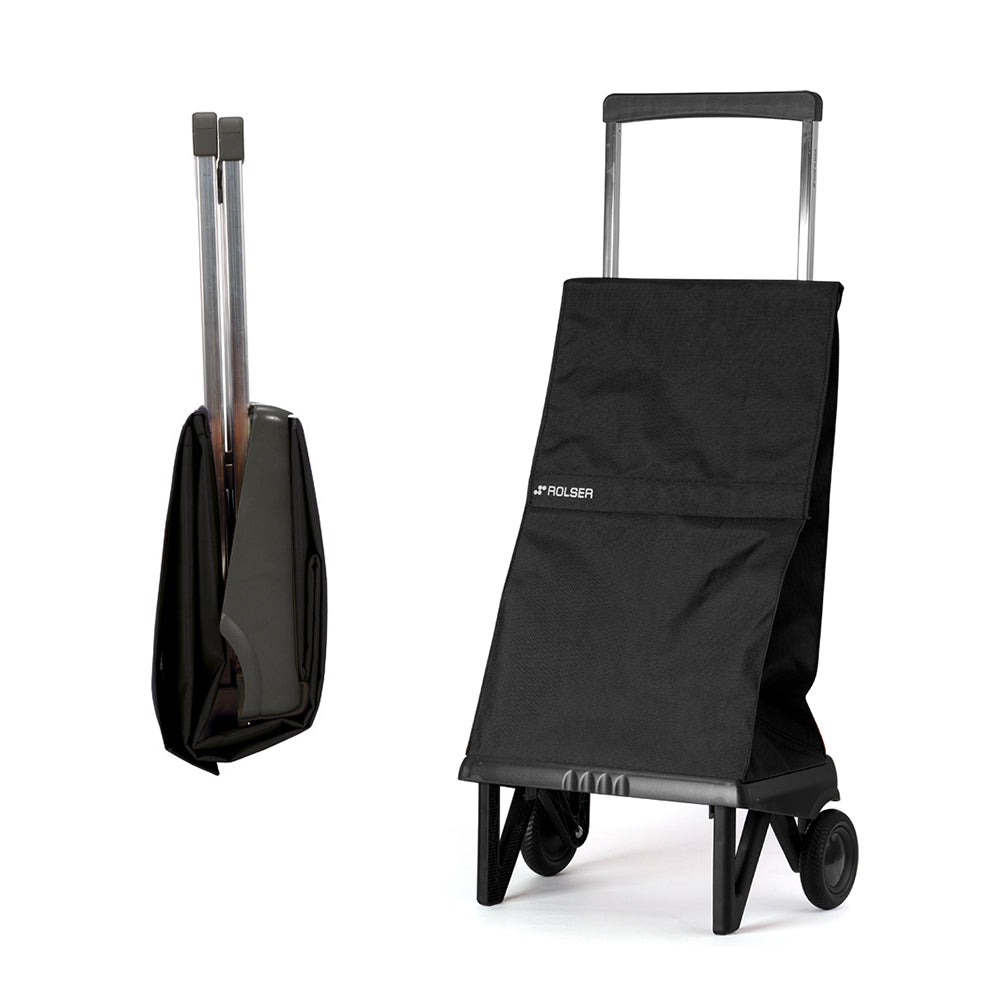 A black foldable Rolser Plegamatic shopping trolley with an aluminum frame and water resistant polyester bag, featuring two wheels and a pull handle, with a fully folded version of it beside.