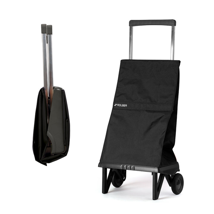 A black foldable Rolser Plegamatic shopping trolley with an aluminum frame and water resistant polyester bag, featuring two wheels and a pull handle, with a fully folded version of it beside.