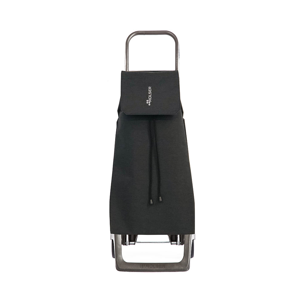 A black Rolser Tweed shopping trolley with an aluminum frame and water resistant polyester bag, featuring two wheels, a foldable bottom base and front support, with drawstring closure and front flap.
