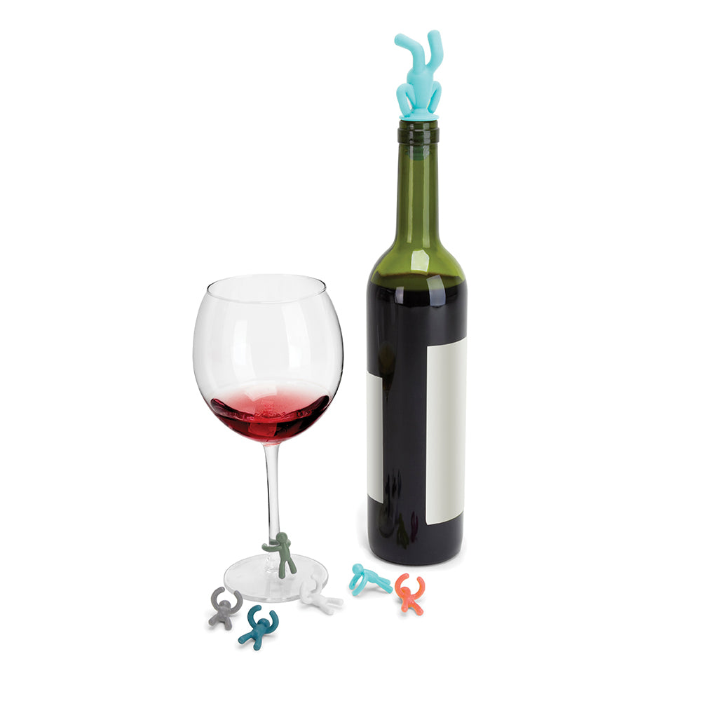 UMBRA Drinking Buddy Wine Bottle Stopper & Six Wine Glass Markers, Assorted